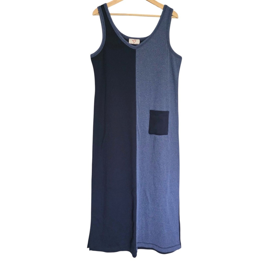 Vintage VPM Two-Tone Blue Navy‎ Colourblock Knit Tank Midi Dress Side Slit XL